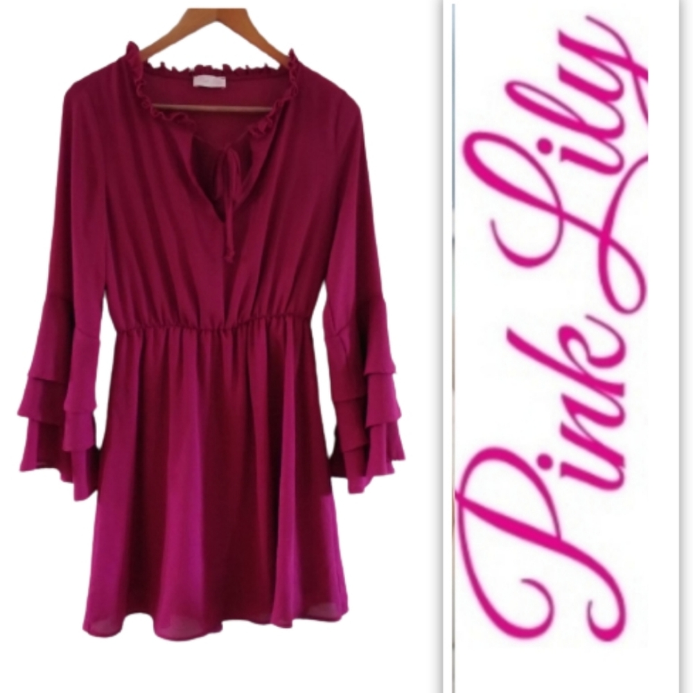 Pink Lily Burgundy Ruffle Long Sleeves Dress. Size S